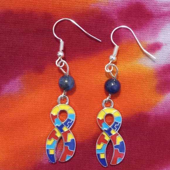 Handmade Autism Awareness Ribbon Earrings - Picture 4 of 5
